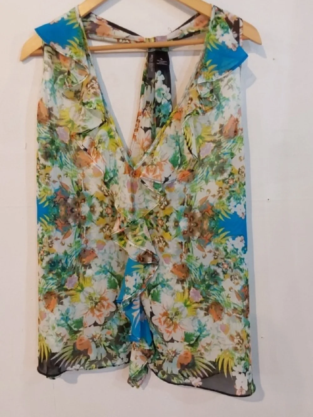 Bisou Bisou|Floral Ruffle V-Neck Sleeveless Top Blue Multicolor Sheer Flowy XL - Picture 1 of 5